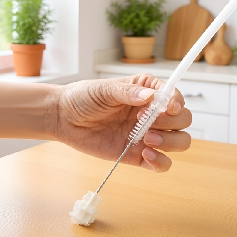 Long handle reaching deep into bottles and mugs