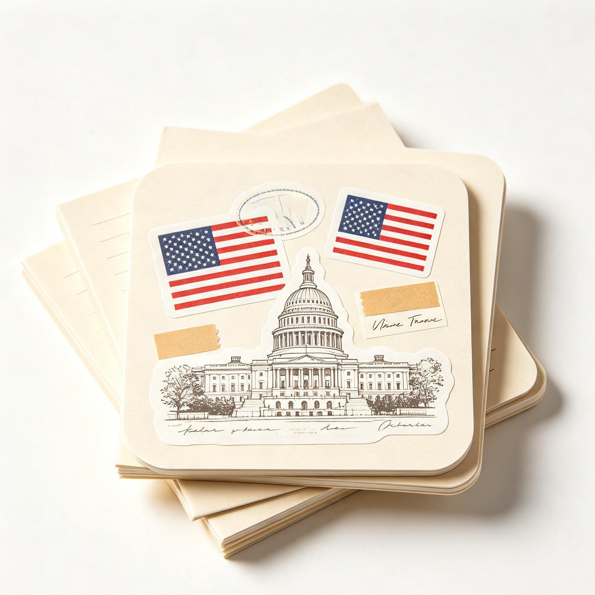 Variety of American-themed stickers included in the notebook
