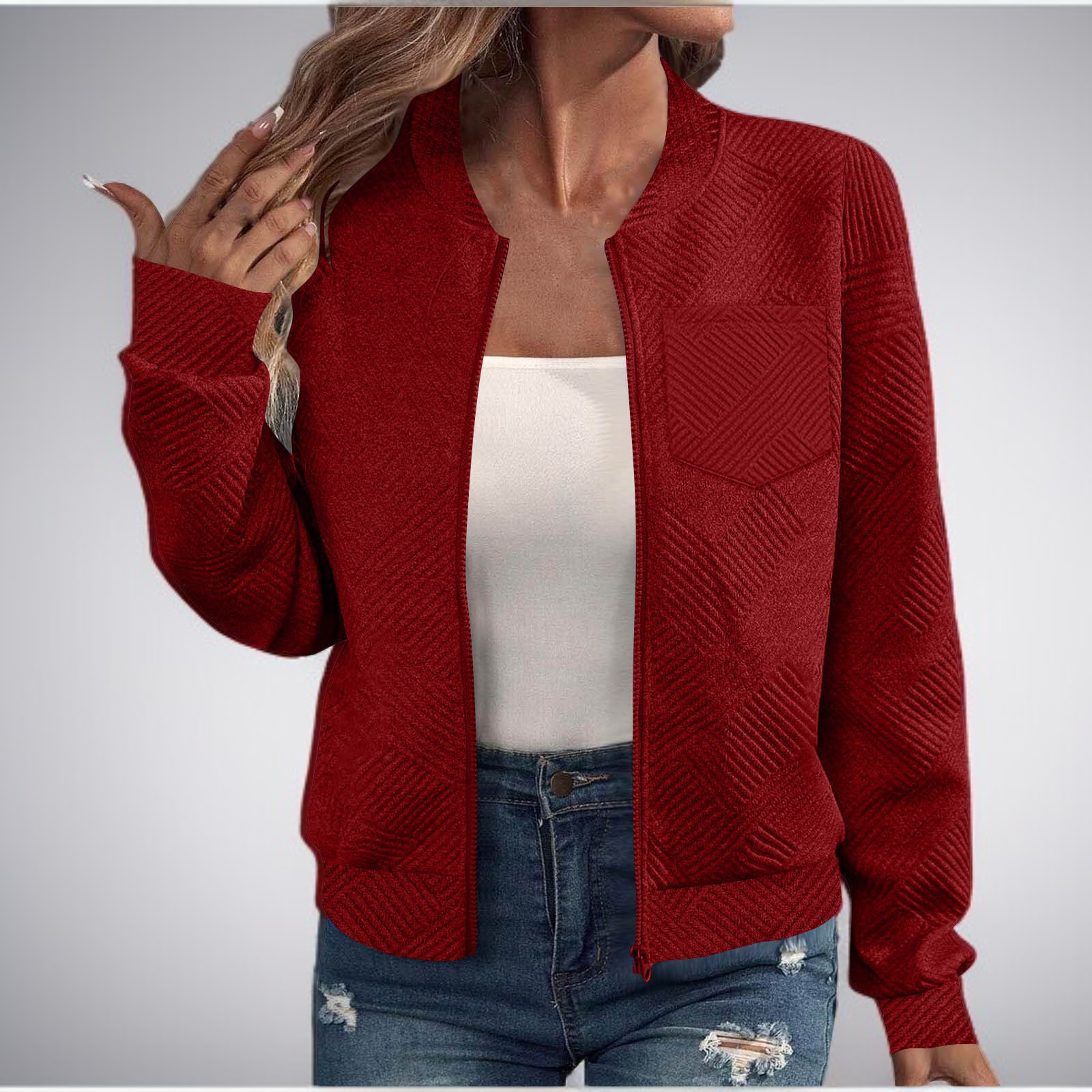 レディース ラウンドネック 長袖 ジッパー付きポケット カジュアルジャケット ベースボールジャケット