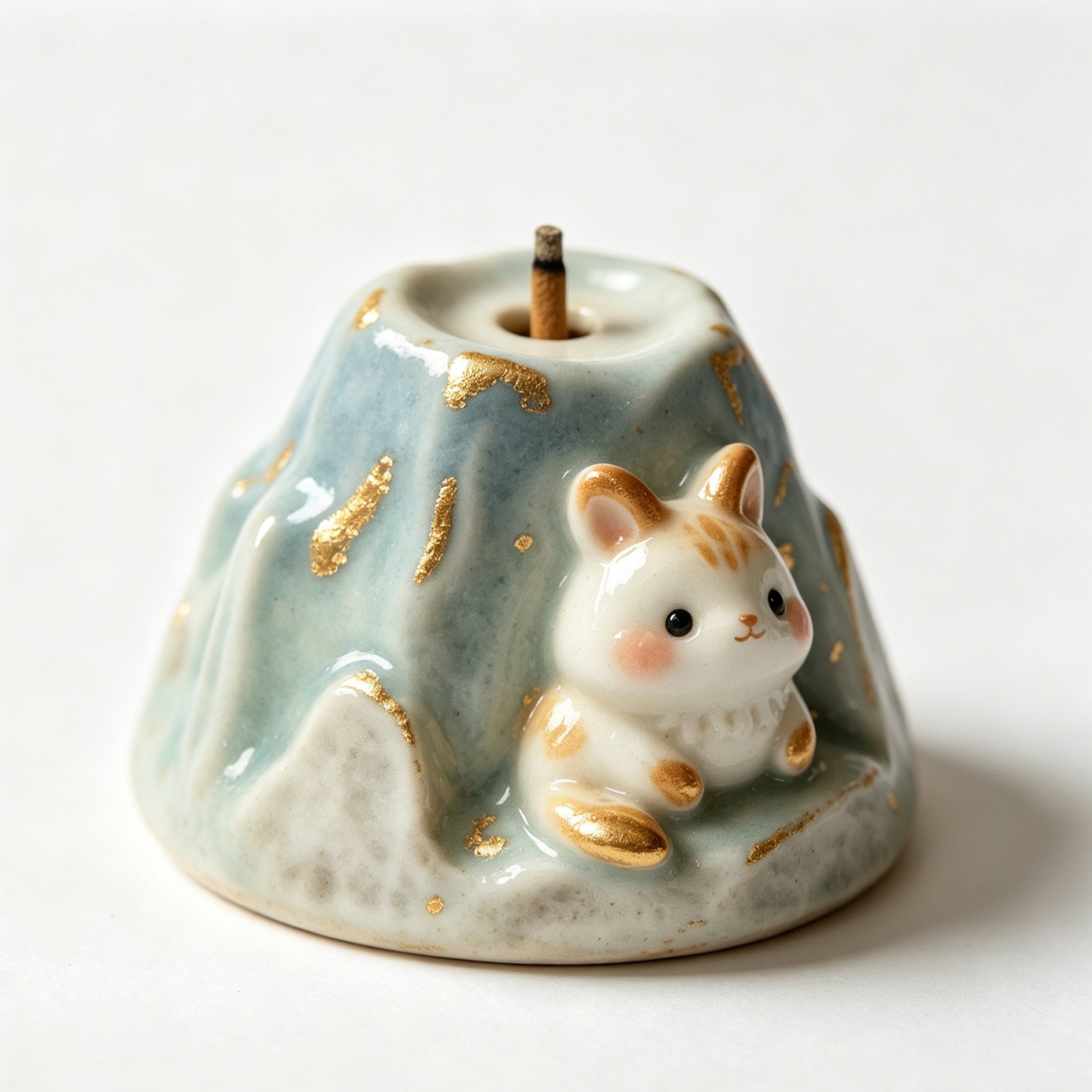 Close-up of Moon Rabbit incense holder with incense stick