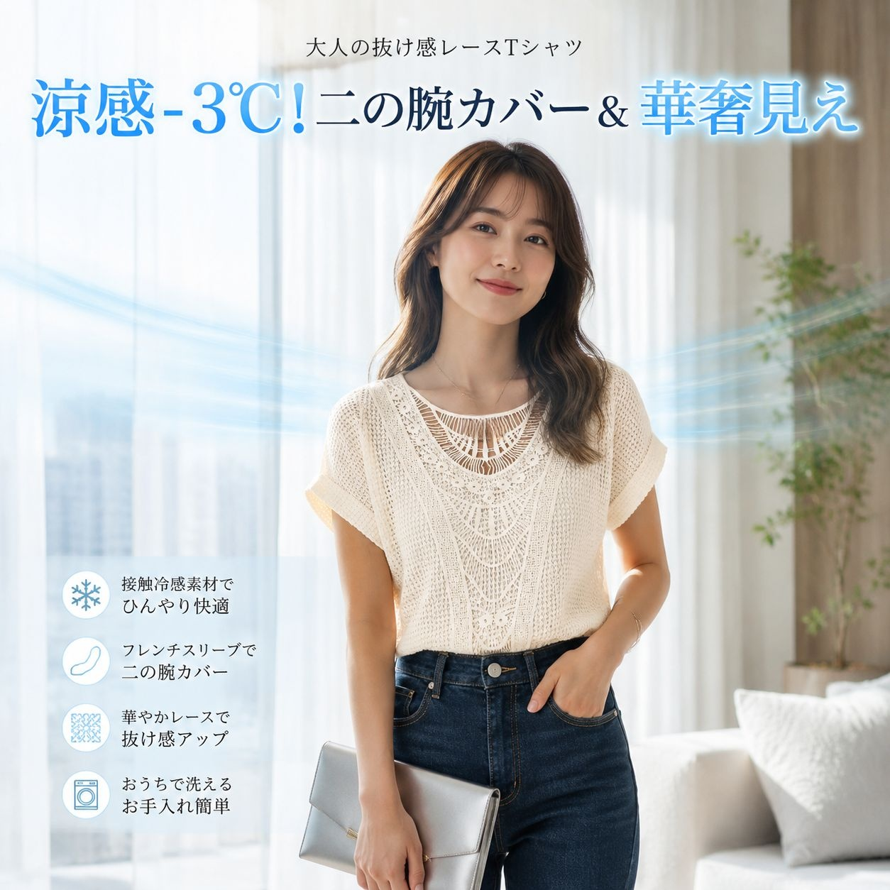 レーストリム付き半袖Tシャツ、ワッフルニット