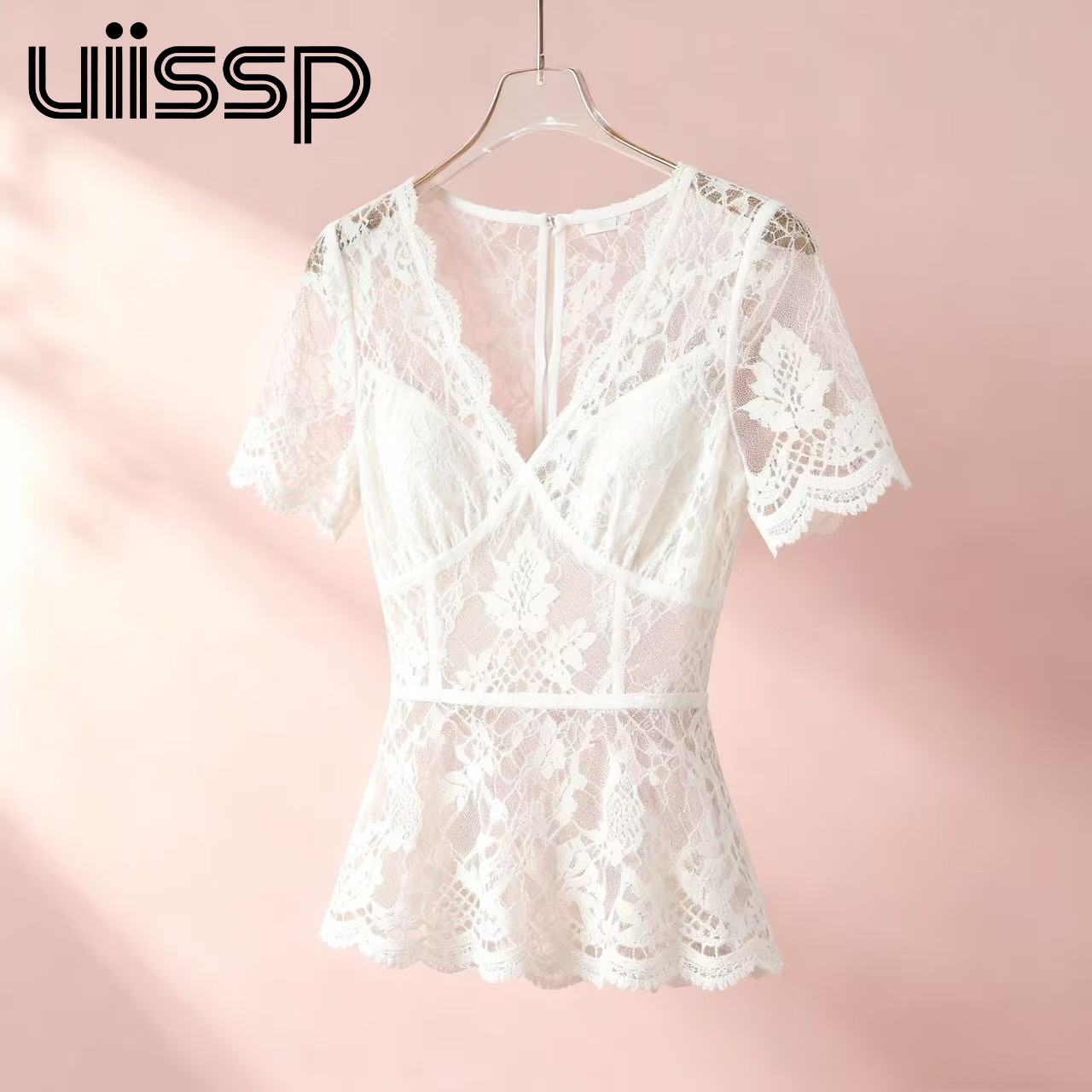 여성용 한국 스타일 슬림핏 반팔 레이스 탑