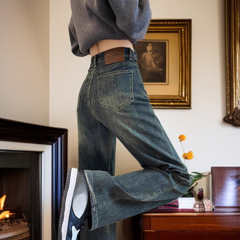 女性用ゆったりレトロワイドレッグクロッチカバージーンズ ナロー・スプリング・ハイウエスト・パデッド・ドラッグ・パンツ ジーンズゆったりワイドストレート股下カバー春秋トップス
