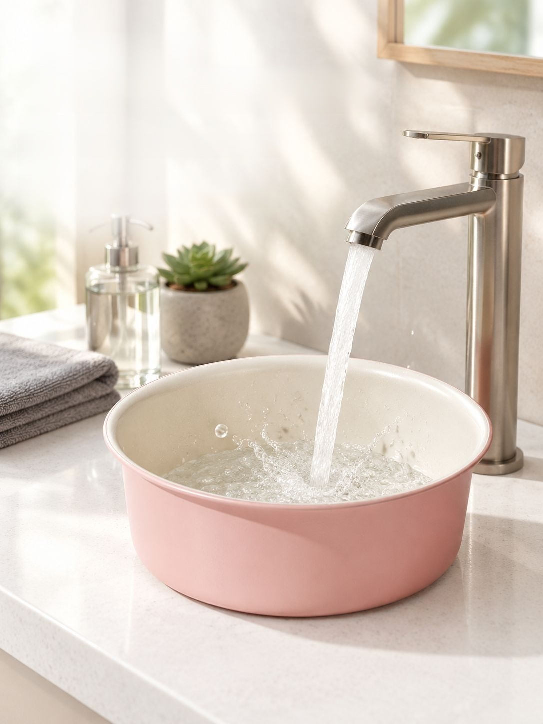 Top view of large plastic wash basin for versatile use