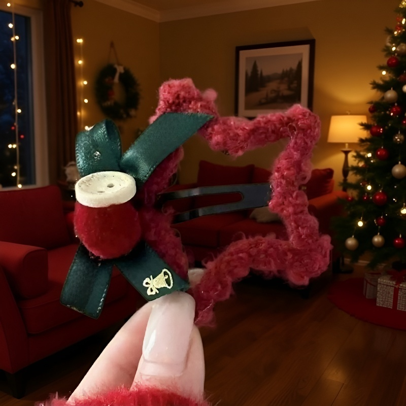 리본 앞머리가 달린 크리스마스 레드 플러시 별 헤어 클립