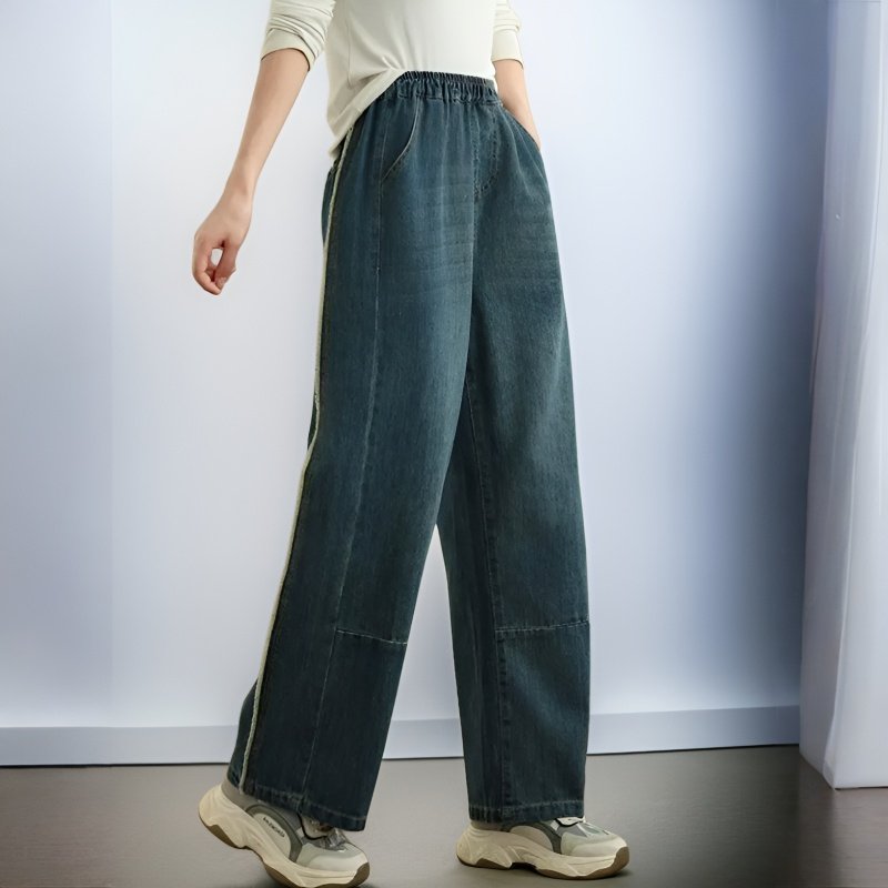 秋の和風刺繍ワイドレッグジーンズ