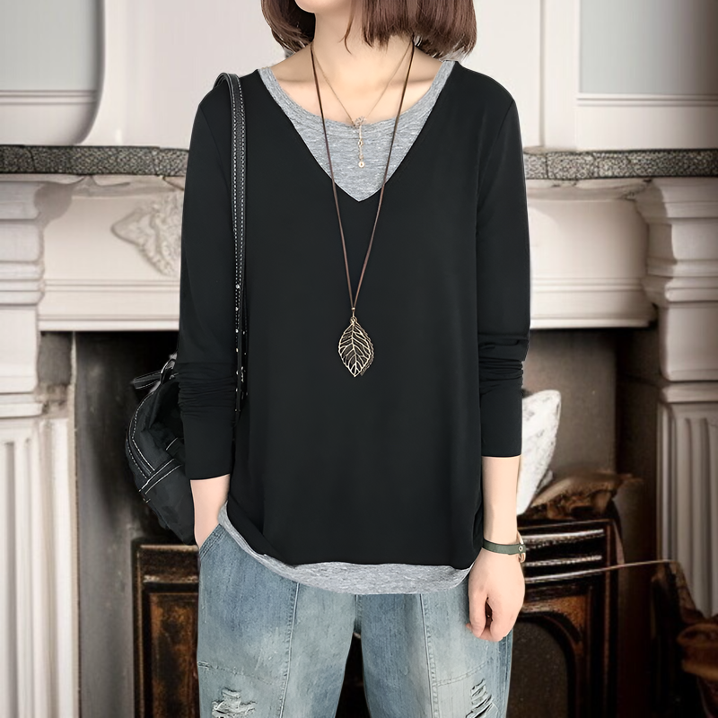 レディース秋長袖Tシャツ、秋パッチワークフェイクツーピースセット、新韓国スタイルカジュアルシックトップス、Tシャツベースレイヤー