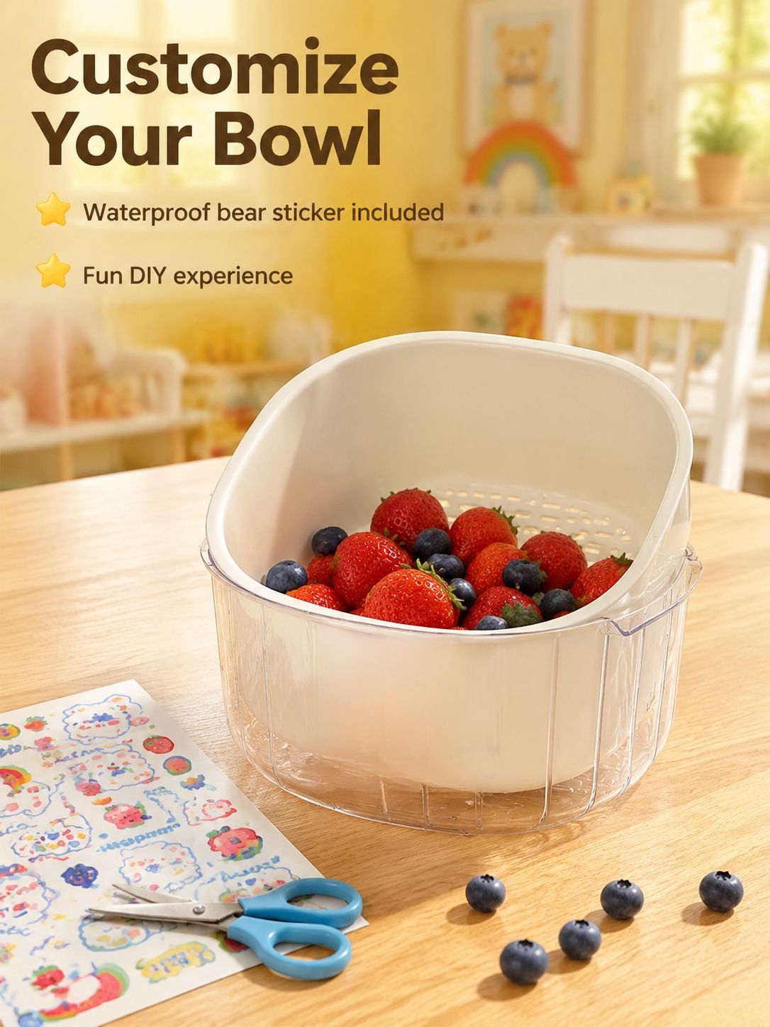 Durable plastic fruit basket with ergonomic handles