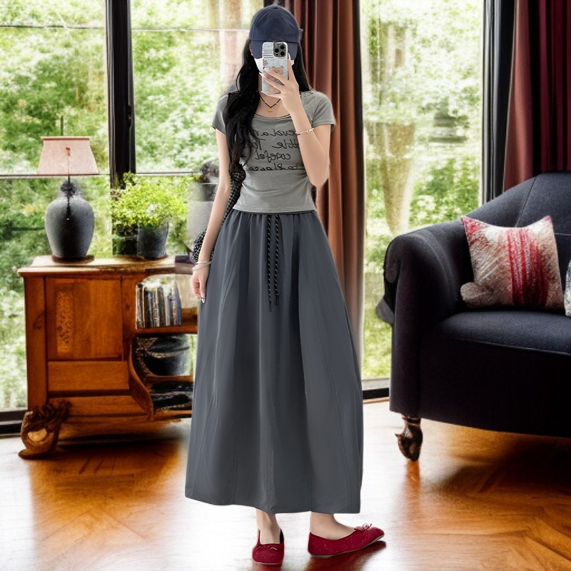 夏用アイスシルクロングフレアスカート 低身長/高身長対応 ゆったりAライン 体型カバー ドローストリング＆ポケット付き