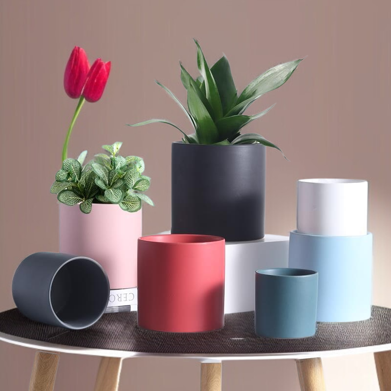 Colorful Ceramic Home Set Planter High Pot Flower Tray Round European Green Plant Planter