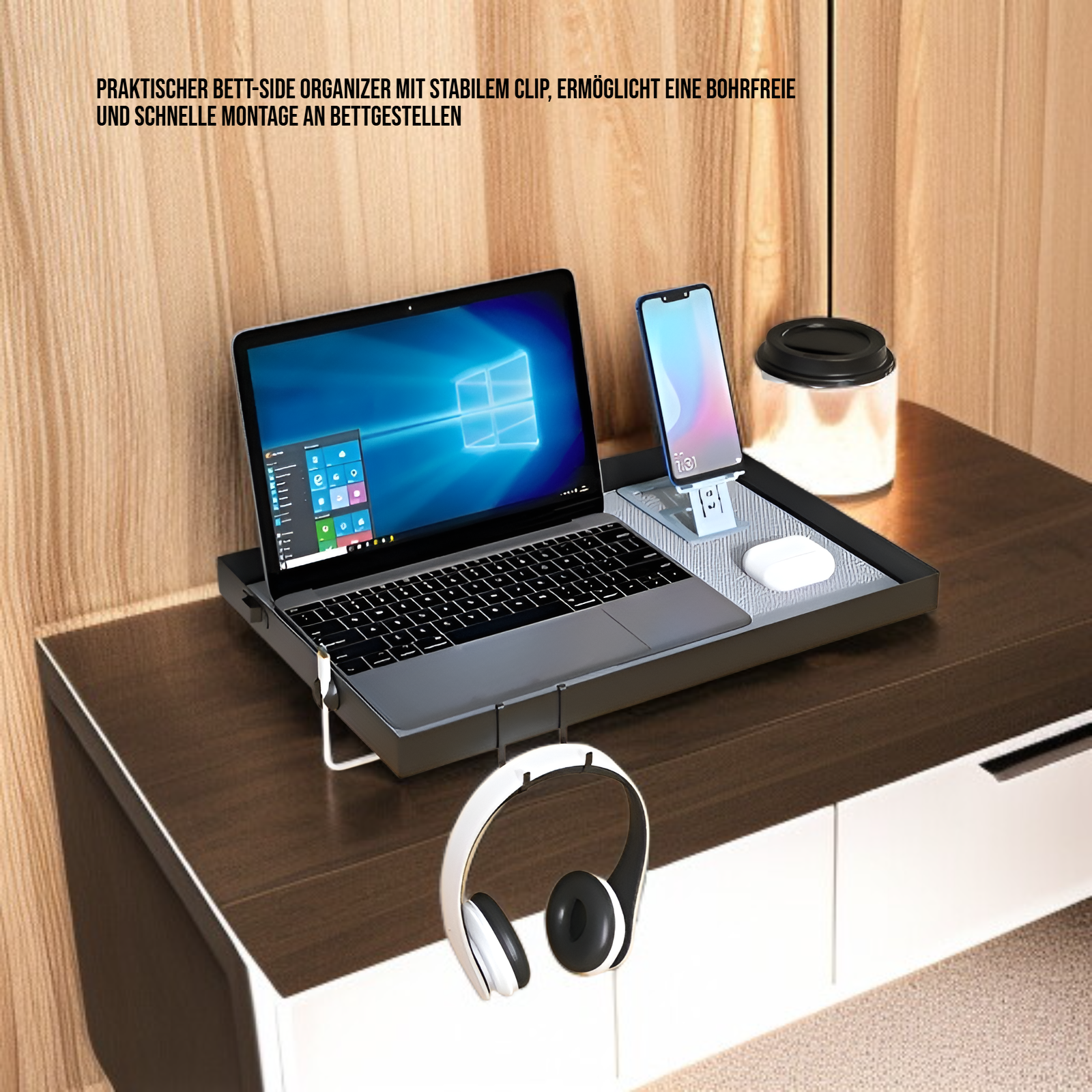 Bett-Side Organizer mit Clip – Telefonhalter und Ablage, bohrfrei