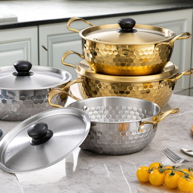 Cazuela y sartén dorada duradera de doble asa, especial para cocina de inducción y fideos