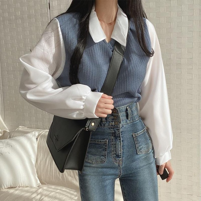 フェイクレイヤードPOLOカラーゆったり長袖スウェット レディース