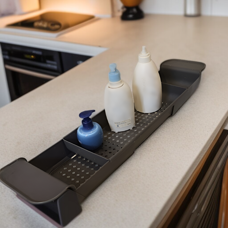 Adjustable storage rack fits various bathtub sizes