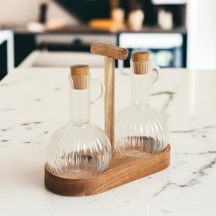 Oil Bottle with Wooden Stopper Kitchen Seasoning Striped Glass Vinegar Soy Sauce Pot