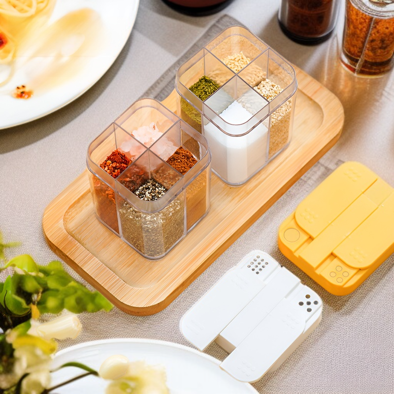 日本製 4グリッド一体型調味料瓶 防湿塩瓶 スライド式調味料ボックス キッチン調味料ボトル 家庭用調味料ボトル