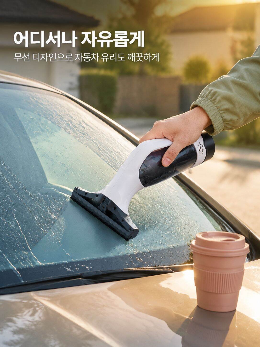 창문 닦이로 거울 청소하는 장면