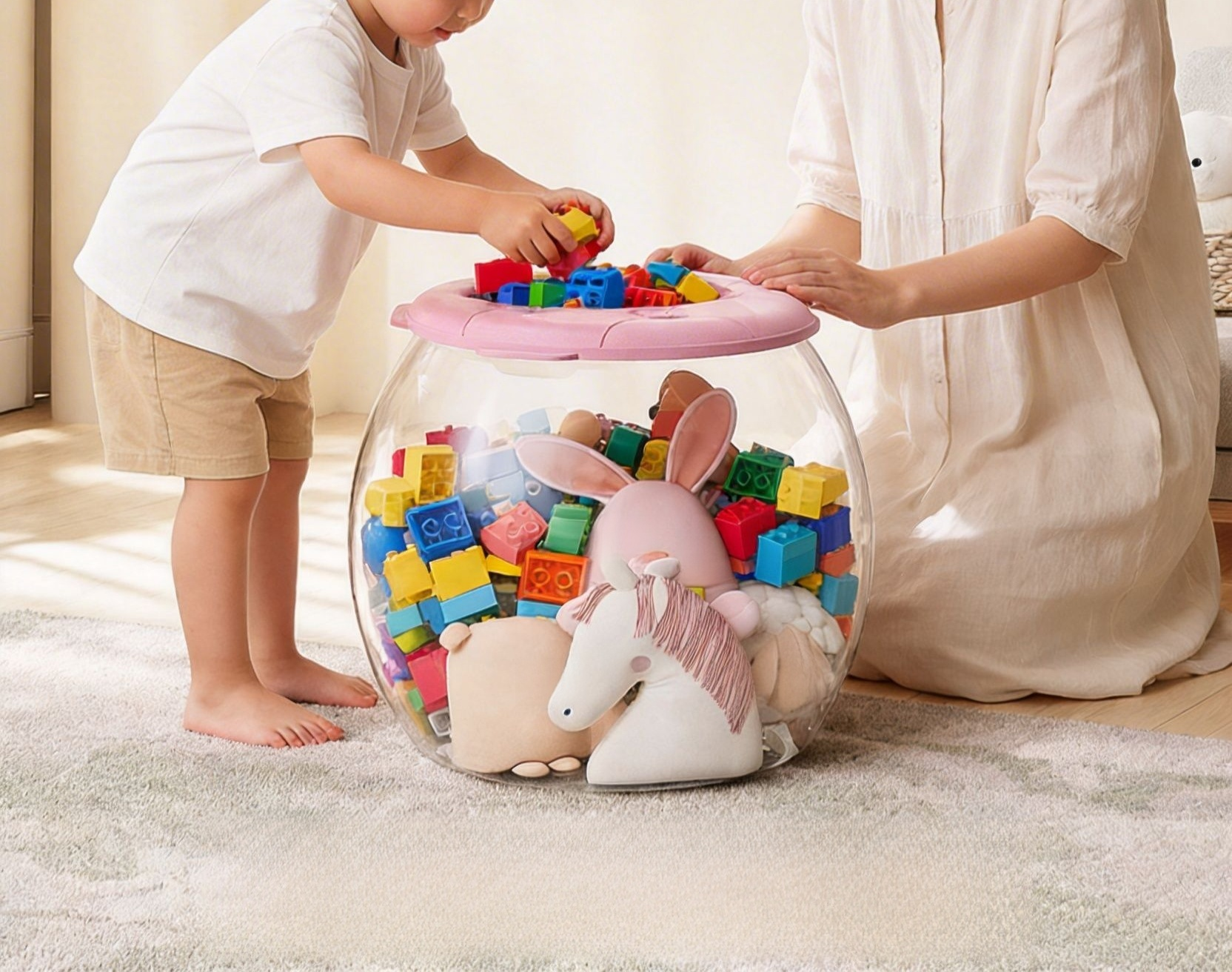 リビングに置いた多機能透明収納スツール