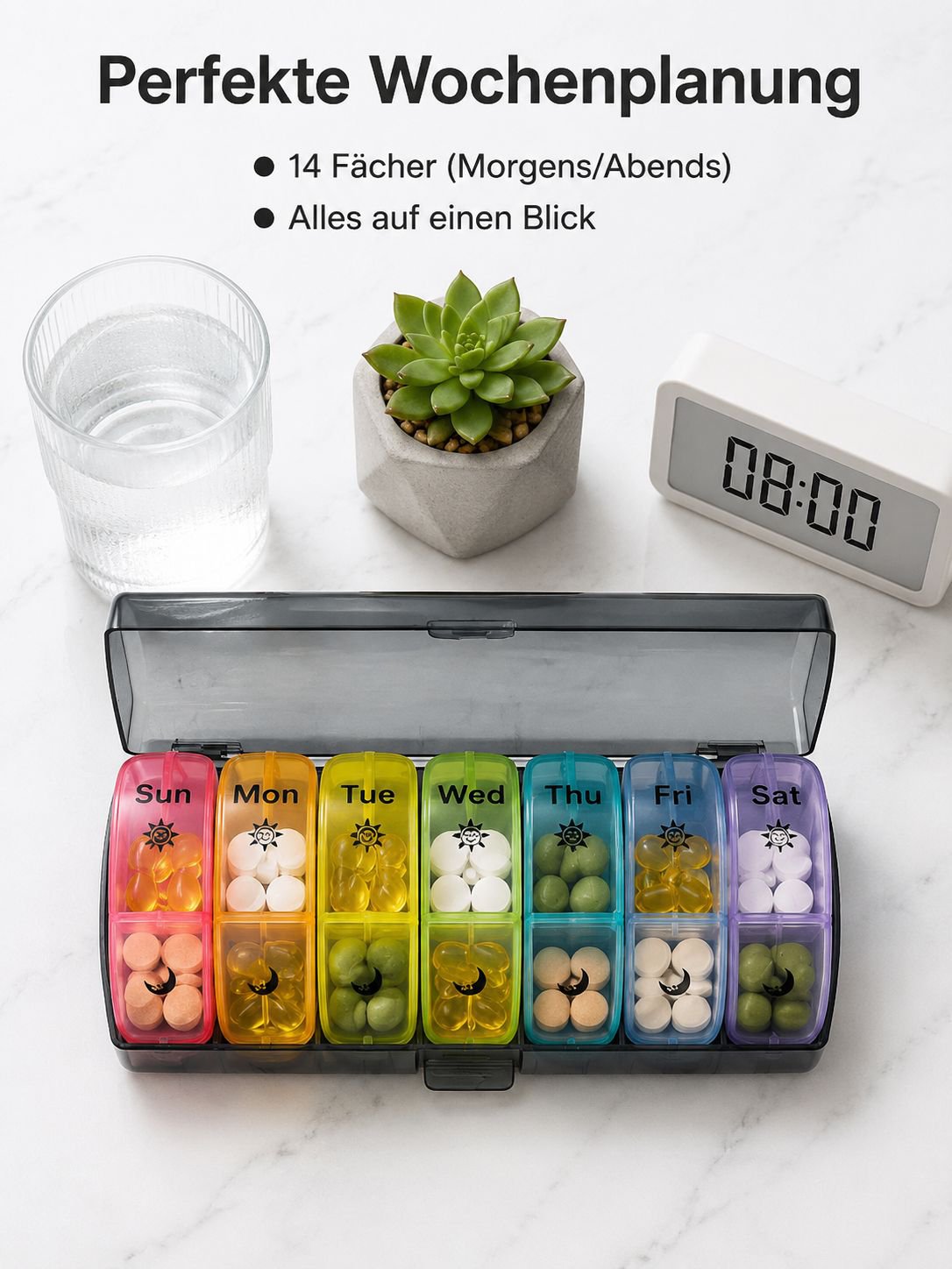 14-Fächer tragbare, abnehmbare, feuchtigkeitsgeschützte Wochen-Pillenbox für morgens und abends