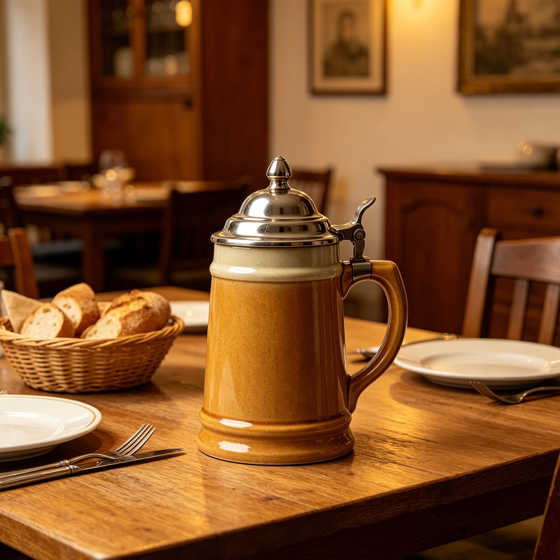 Bayerischer Steinzeug-Bierkrug mit Zinndeckel (2 Stück)