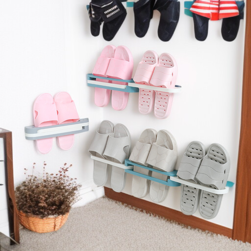 Space-saving slipper holder for bathroom wall