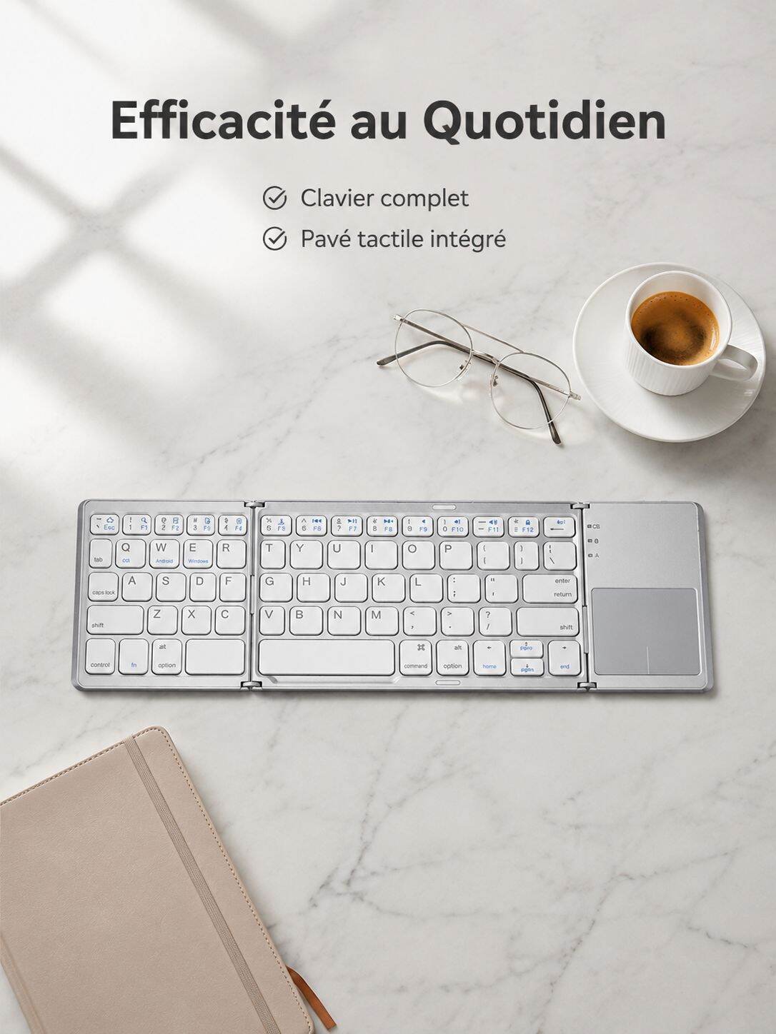 Clavier Bluetooth pliable à trois volets avec pavé tactile