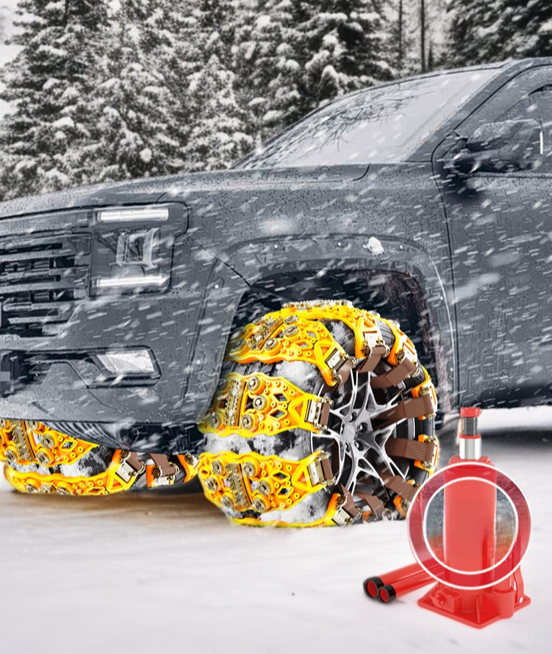 Detalle de las cadenas de nieve engrosadas