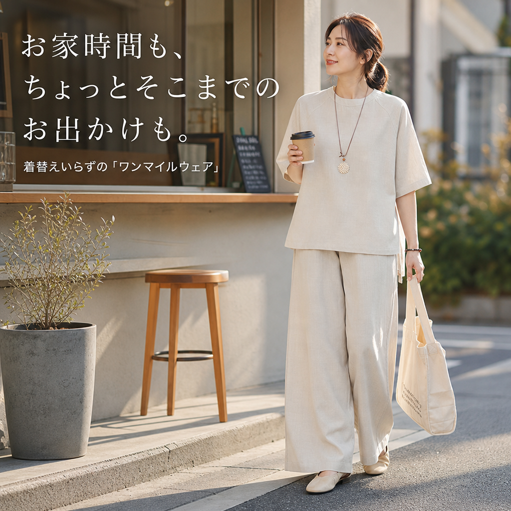 夏の快適ワイドパンツセット（半袖トップス＋ハイウエストパンツ）