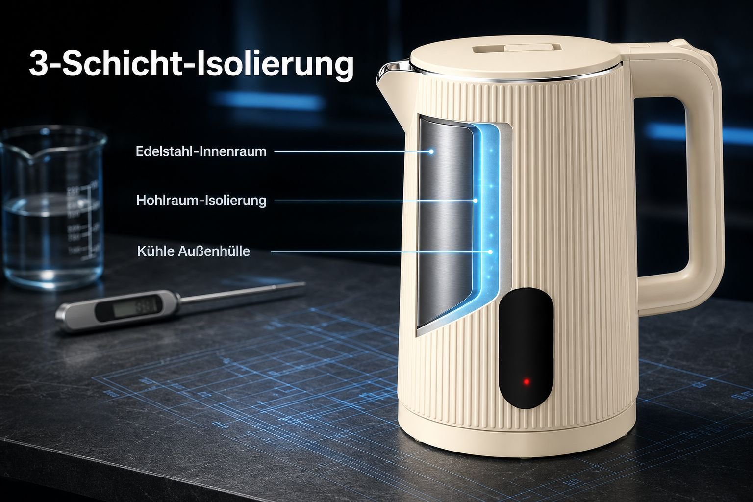Bedienfeld des Wasserkochers mit Temperaturanzeige