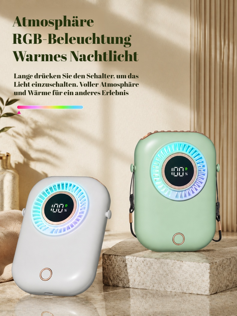 Trendiger Nackenventilator mit digitalem Display und Ambientelicht
