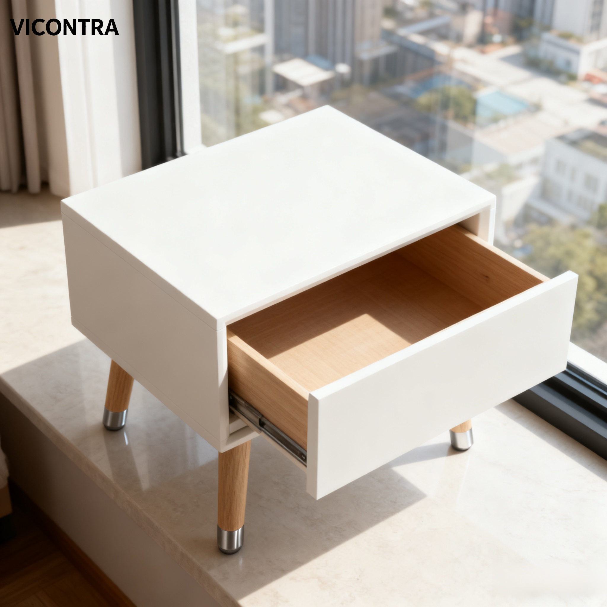 크림색 침대 옆 탁자, 모던 미니멀리스트 스타일, 침실 침대 옆에 있는 작은 수납장.