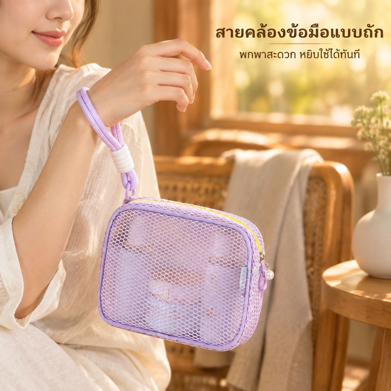 กระเป๋าตาข่ายใบเล็กน่ารักสำหรับใส่ของใช้ส่วนตัวหรือเครื่องสำอางขณะเดินทาง