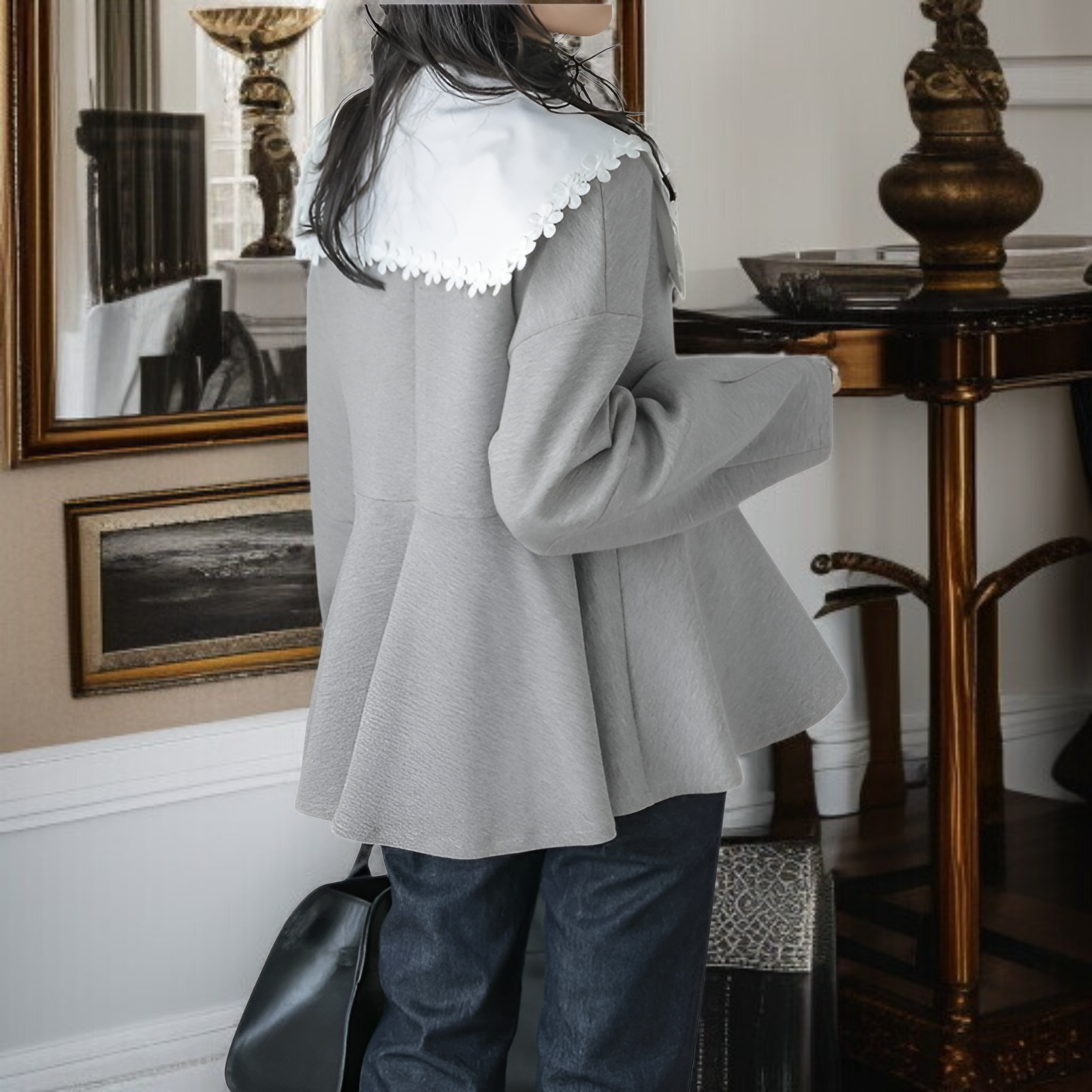 柔らかく快適なVネックフレアペプラムジャケット ハイウエスト細見せレディースブレザー