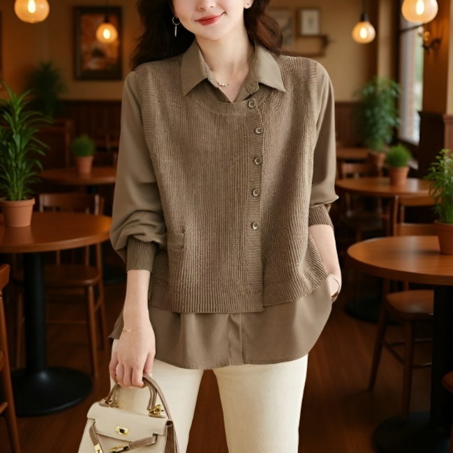 가을 여성 스웨터 페이크 투피스 고급스러운 스타일