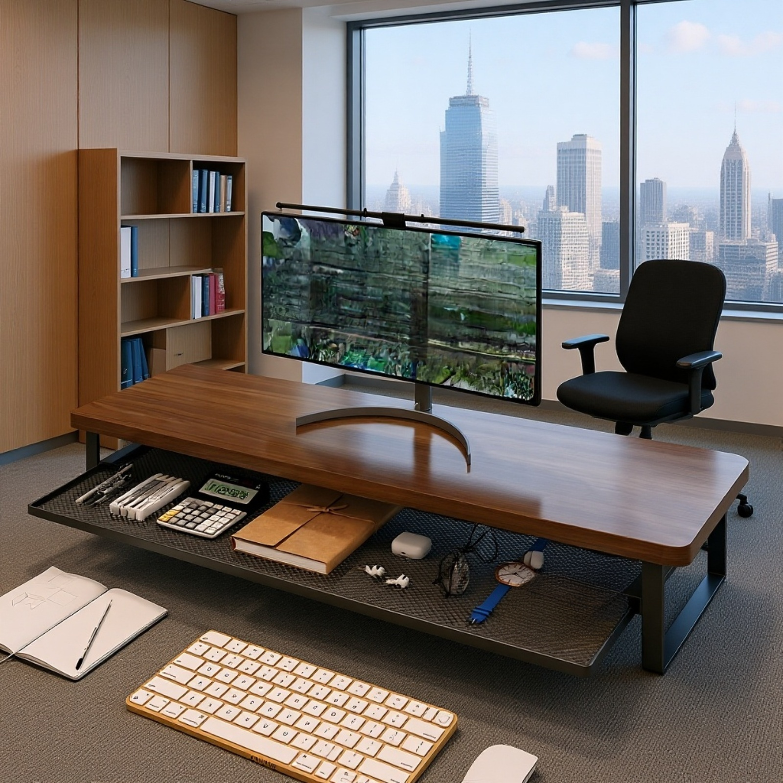 Adjustable Monitor Riser with Drawer on modern desk