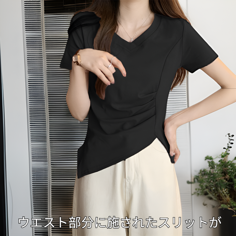 夏の新作ベーシックVネックウエストスリット綿半袖Tブラウス