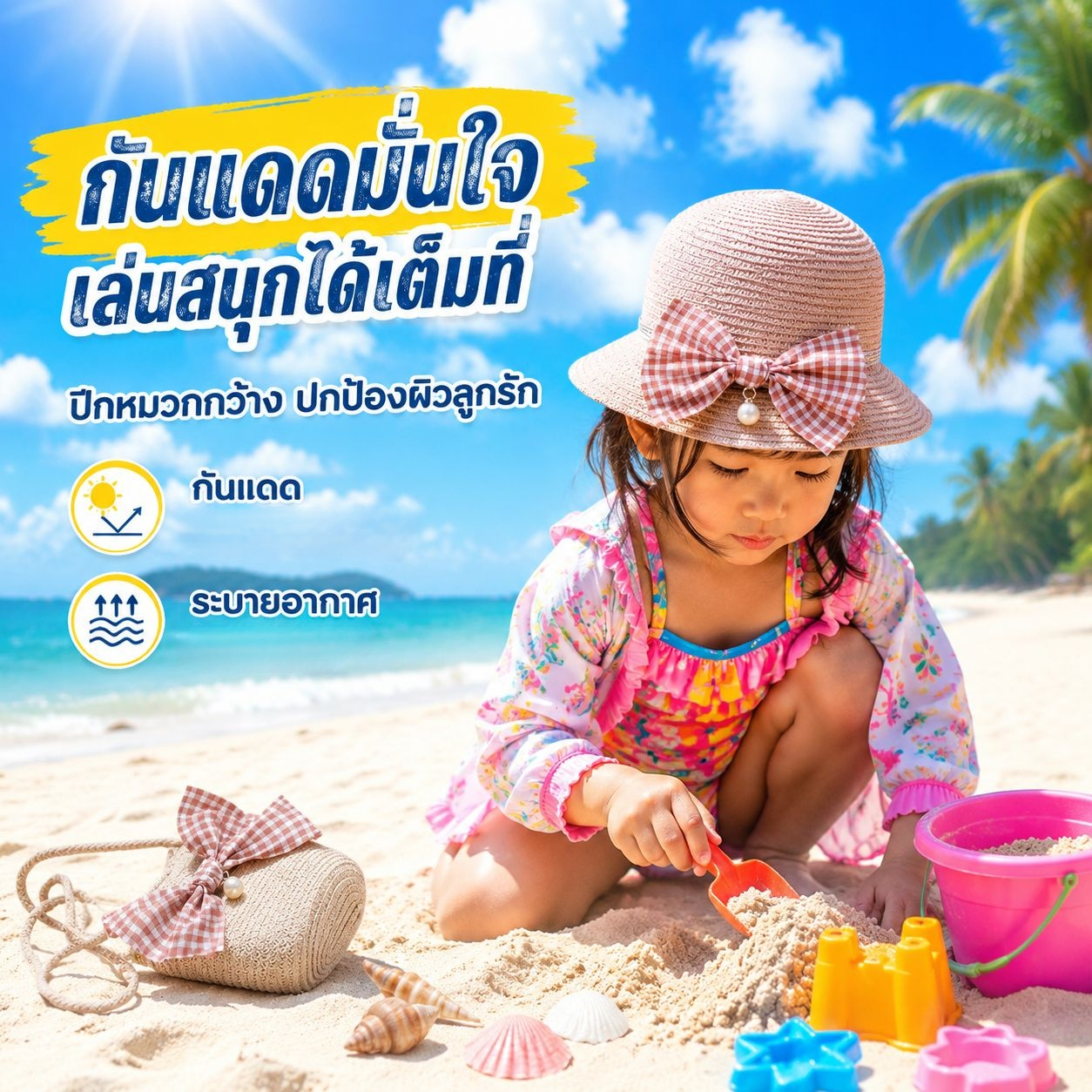ชุดหมวกฟางเจ้าหญิงเด็กผู้หญิงพร้อมกระเป๋า หมวกกันแดดสำหรับหน้าร้อน