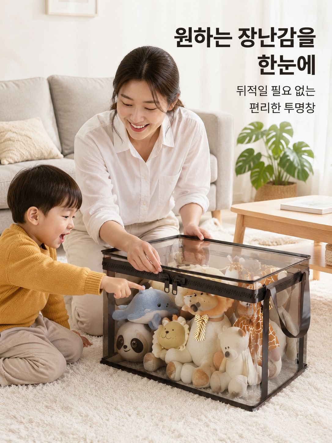 어린이 방에서 사용 중인 투명 장난감 박스