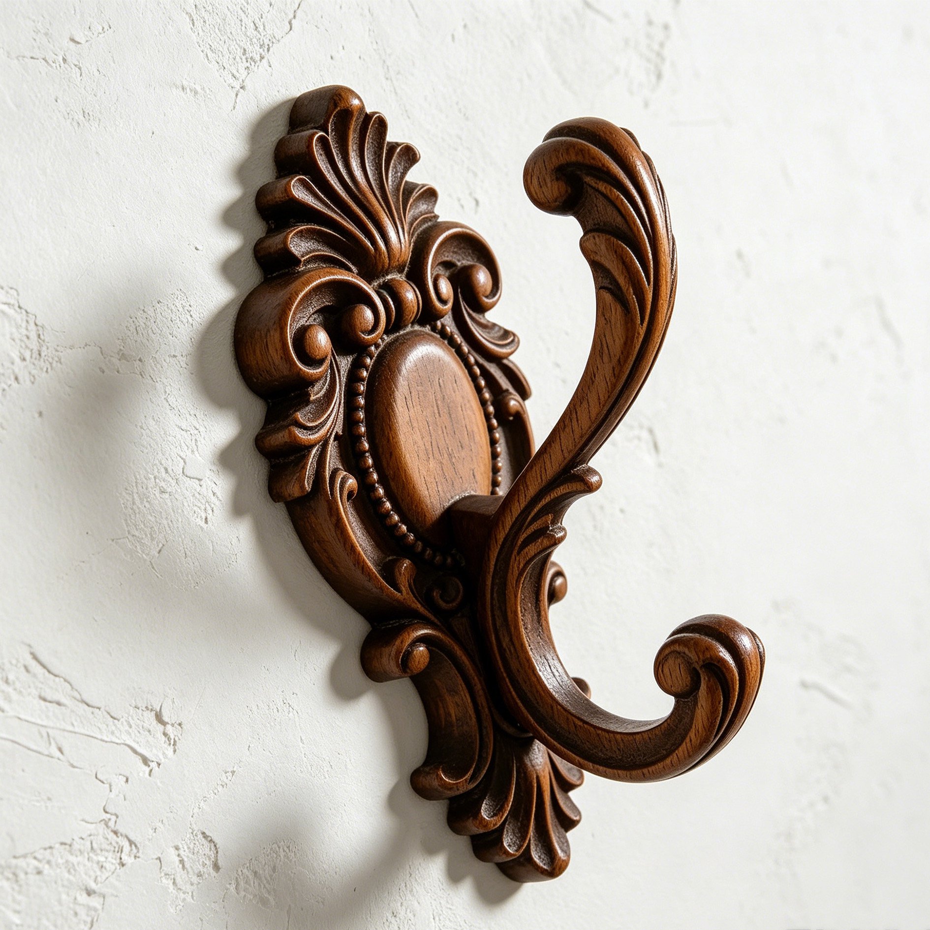 Close-up of carved details on wooden hook rack