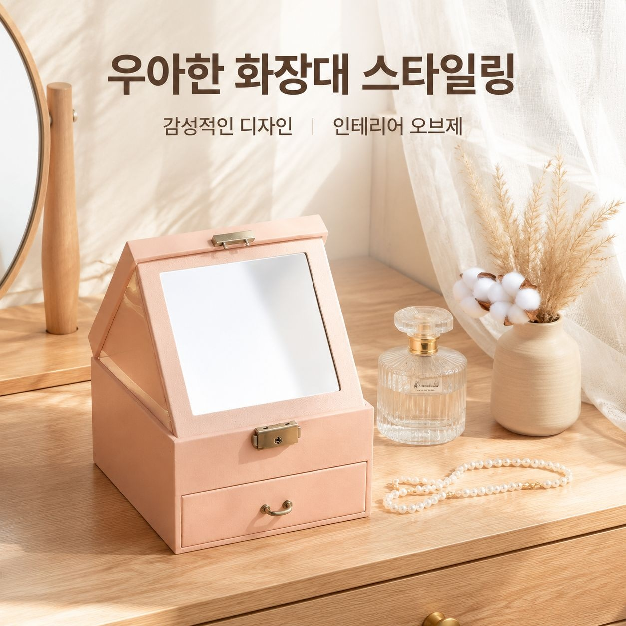 핑크 PU 2단 거울 목걸이 보관함
