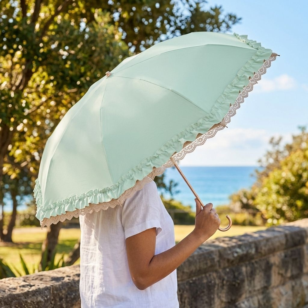レース飾りの付いた折りたたみ式ゴールドフック付きゴム製日傘