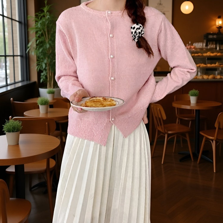 여성 니트 가디건 긴팔 솔리드 상의 진주 버클 여성 봄가을 라운드 니트 가디건 부드러운 니트 코트