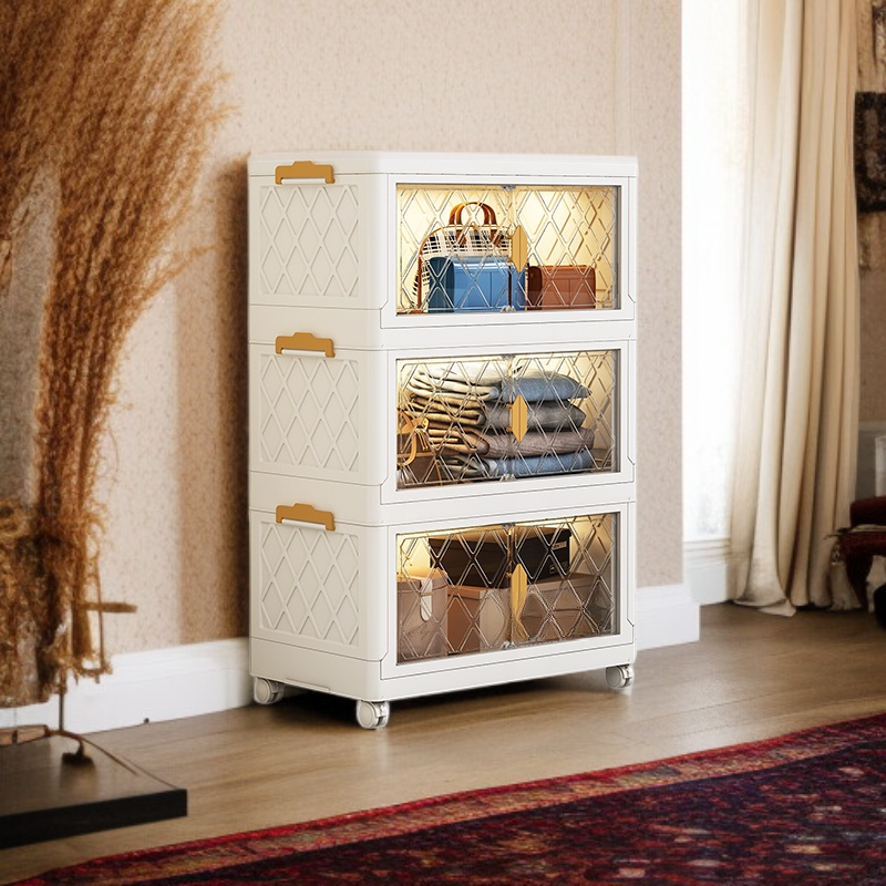 Caja organizadora de ropa con doble puerta y múltiples compartimentos