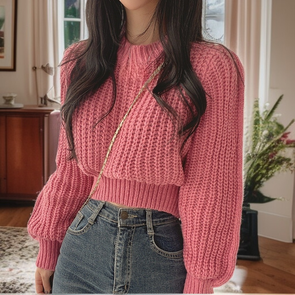 Lockerer Damen Pullover mit Puffärmeln, modischer Strickoberteil