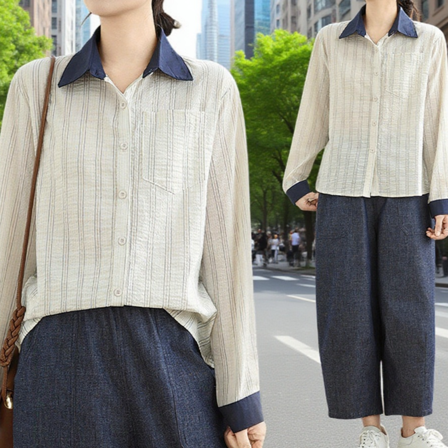 여성 빈티지 스트라이프 루즈핏 터틀넥 긴팔 셔츠