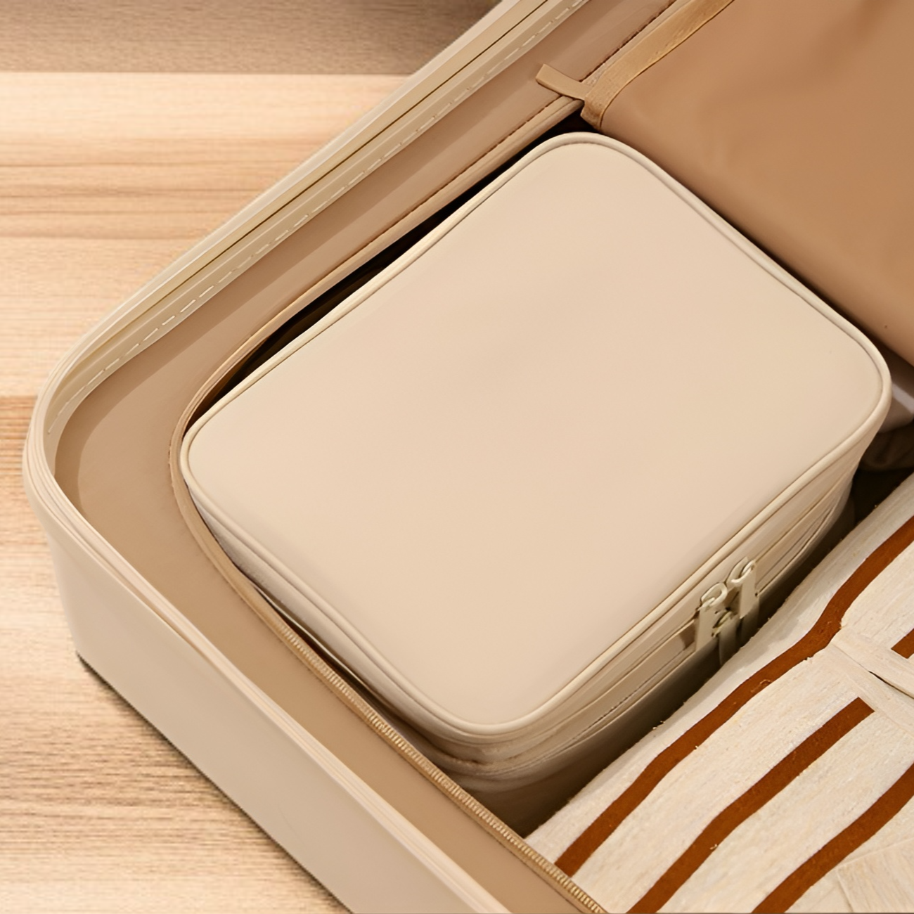 Cierre de cremallera seguro en la bolsa de maquillaje