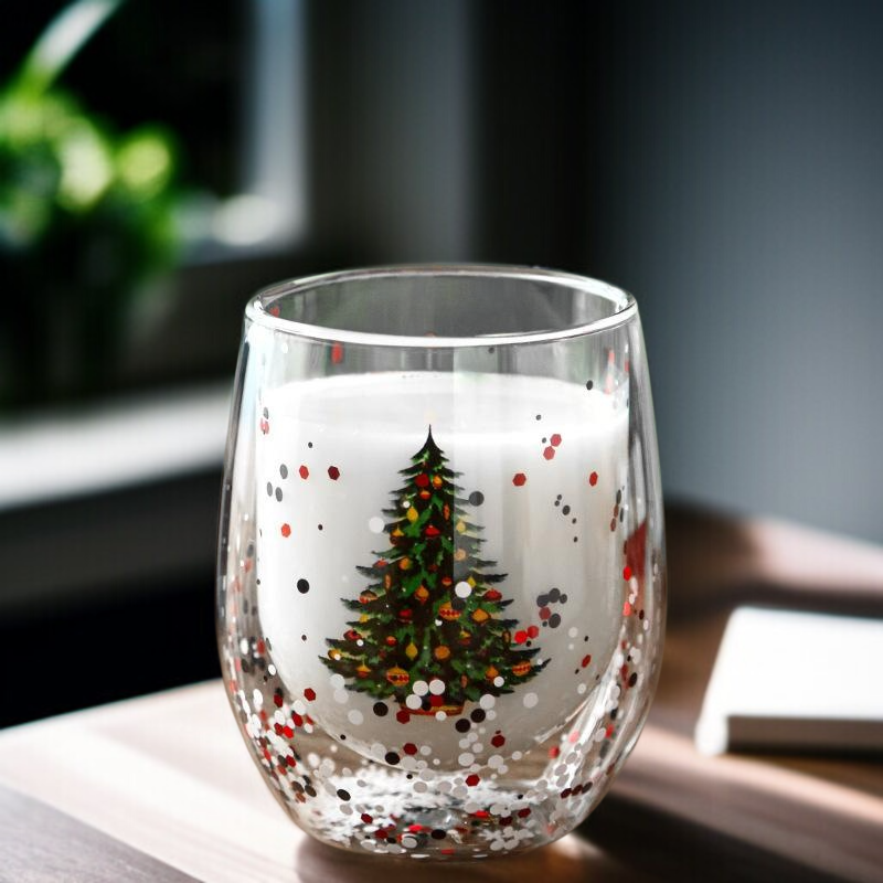 Weihnachtsbaum-Glasbecher mit doppelter Wand und beweglichen Pailletten