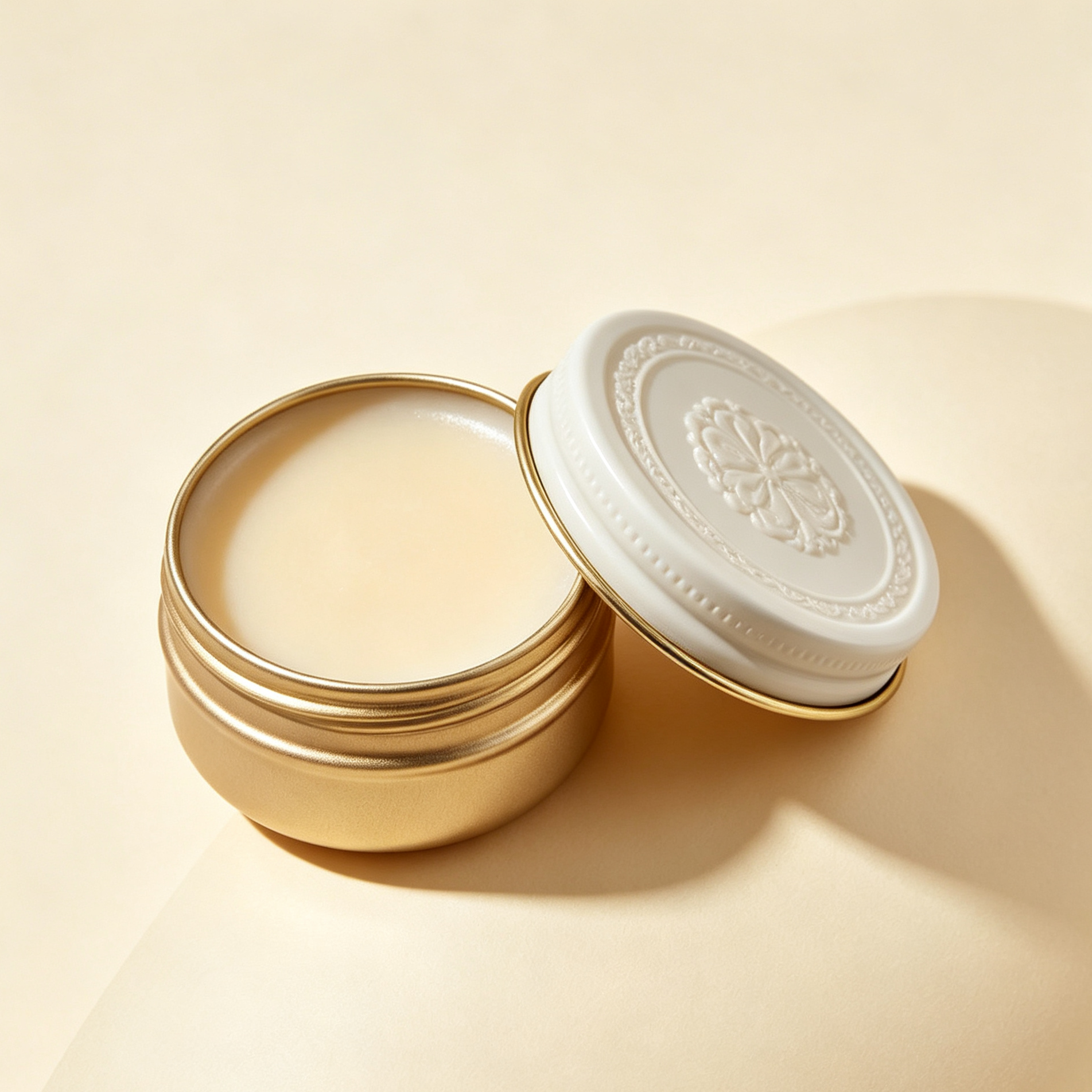 Close-up of solid perfume balm texture in a tin case