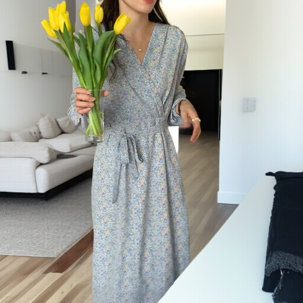 여성 원피스 허리 여리여리 플라워 롱 원피스 엘레강스 브이넥 도라지 스트링 원피스
