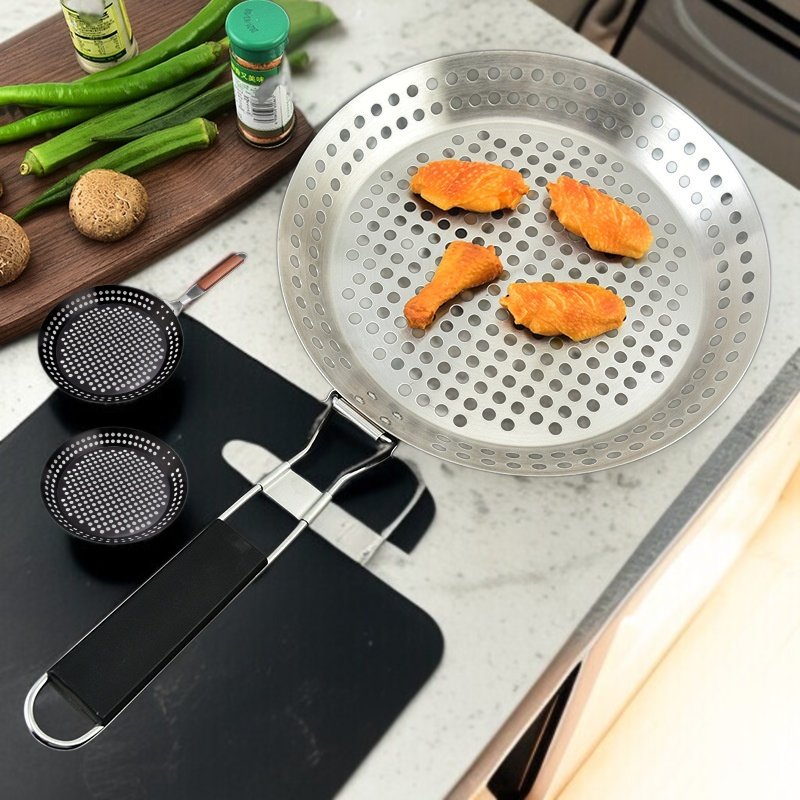 휴대용 Bbq 불판 야외 접이식 야채판 원형 펀칭 불판 나무 손잡이 야외 바베큐 접시